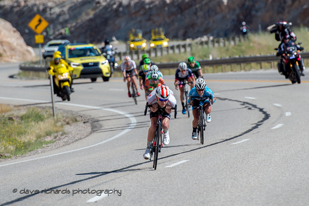 Breakaway riders get aero on the descent down to Bear Lake during Stage 1, Logan-BearLake-Logan,  2017 LHM Tour of Utah (Photo by Dave Richards, daverphoto.com)