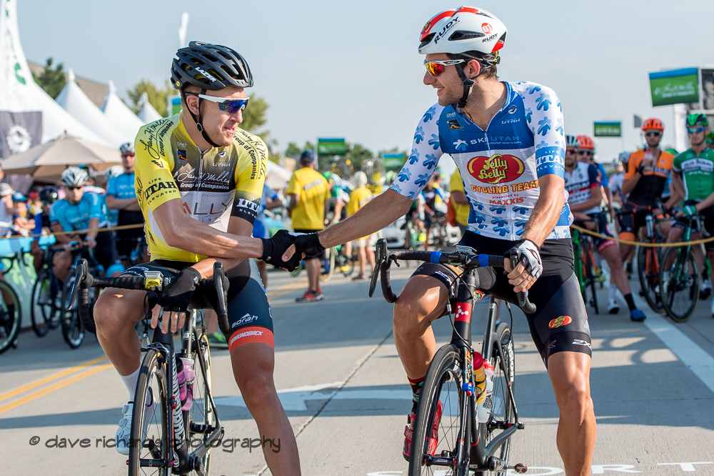 Always a class act, Rob Britton (Rally Cycling) wishes best luck to  KOM Leader Jacob Rathe (Jelly Belly P/B Maxxis) Stage 4, South Jordan City to west desert Pony Express Route and back,  2017 LHM Tour of Utah (Photo by Dave Richards, daverphoto.com)