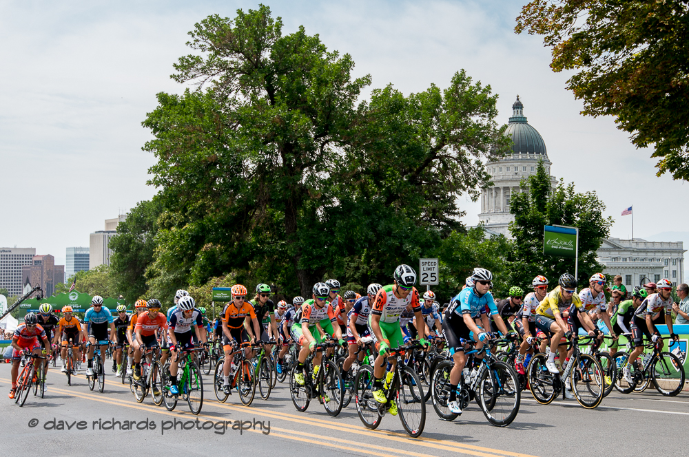 The peloton rolls out past the Utah State Capitol Building at the start of Stage 7, Salt Lake City Circuit Race,  2017 LHM Tour of Utah (Photo by Dave Richards, daverphoto.com)