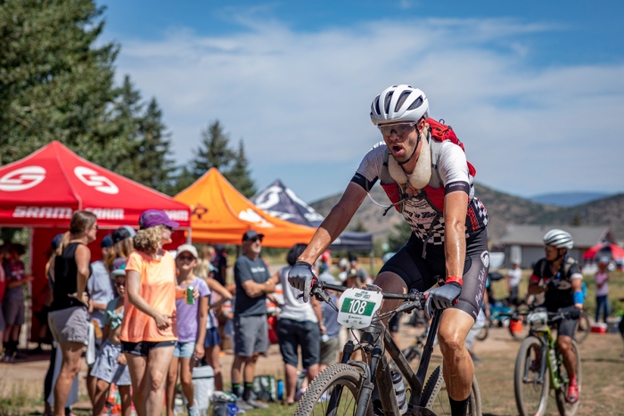 Andrew Farr with a cooling ice pack in the 2019 Park City Point to Point. Photo by Jay Dash Photography