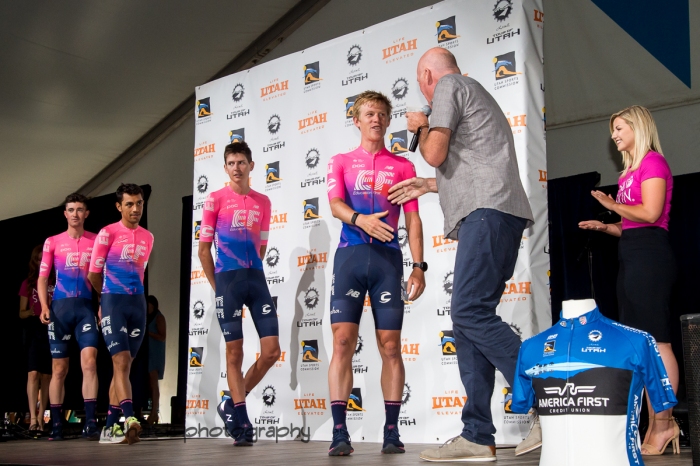 Announcer Dave Towle greets Lawson Craddock and his EF Education First teammates. Team Presentation at Snowbird, 2019 LHM Tour of Utah (Photo by Dave Richards, daverphoto.com)