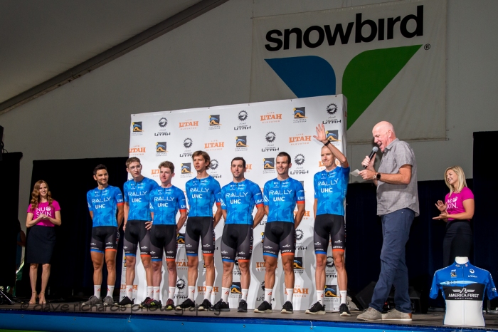 Rally UHC Cycling riders. Team Presentation at Snowbird, 2019 LHM Tour of Utah (Photo by Dave Richards, daverphoto.com)