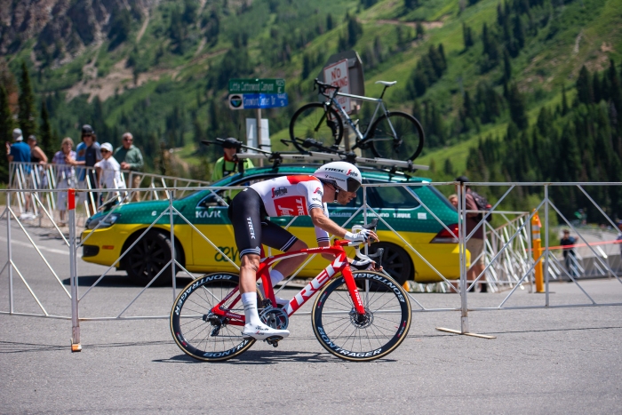 Nicholas DeBeaumarché (Trek-Segafredo) rounds the hairpin at the bottom of the Prologue course. 2019 Tour of Utah. Photo by Steven L. Sheffield