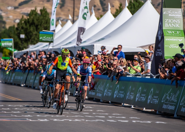 Umberto Marengo (Neri Sottoli-Selle Italia-KTM) takes Stage 1 in a 5 man sprint, followed closely by Lawson Craddock (EF Education First), who moves into the yellow jersey of GC leader. 2019 Tour of Utah. Photo by Steven L. Sheffield