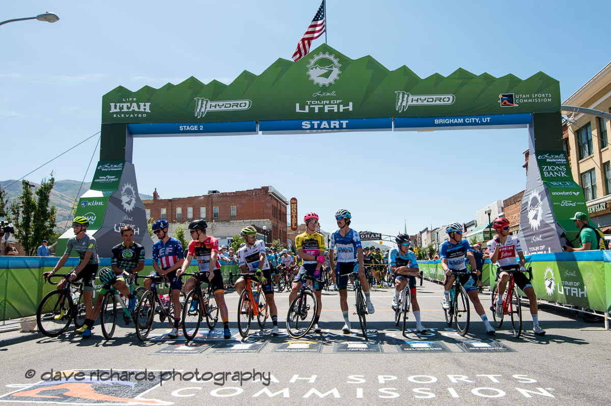 The  top riders are called to the line before the start of Stage 2 in downtown Brigham City , 2019 LHM Tour of Utah (Photo by Dave Richards, daverphoto.com)