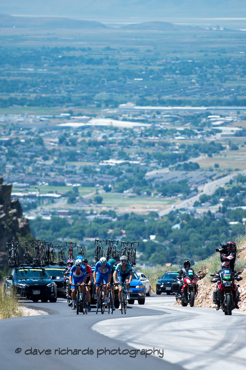 Early breakaway riders on the steep climb up North Ogden Pass. Stage 2 - Brigham City to Powder Mountain Resort, 2019 LHM Tour of Utah (Photo by Dave Richards, daverphoto.com)