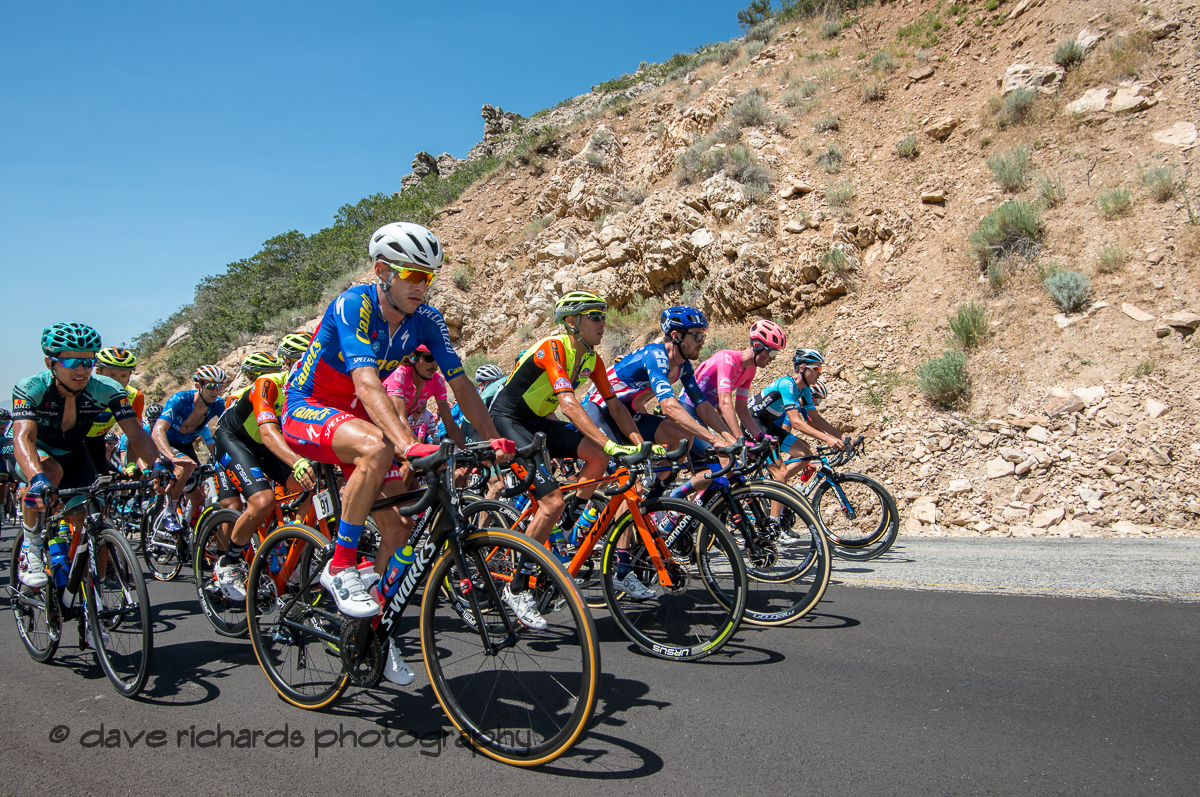 With a 6 man breakaway up the road, for the peloton, the chase is on. Stage 2 - Brigham City to Powder Mountain Resort, 2019 LHM Tour of Utah (Photo by Dave Richards, daverphoto.com)
