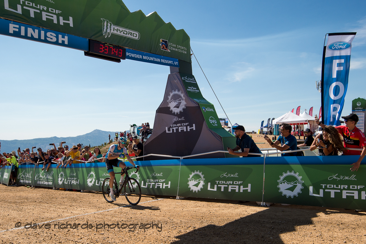 Ben Hermans (Israel Cycling ACademy) crosses the finish to win Stage 2 - Brigham City to Powder Mountain Resort, 2019 LHM Tour of Utah (Photo by Dave Richards, daverphoto.com)