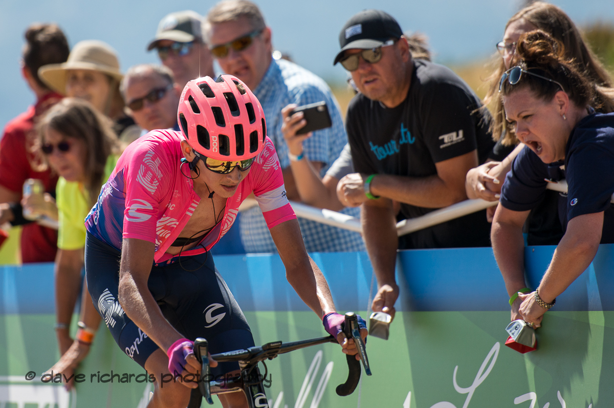 The cheering fans don't ease the pain for Joe Dombrowksi (EF Education First) as he finishes Stage 2 - Brigham City to Powder Mountain Resort, 2019 LHM Tour of Utah (Photo by Dave Richards, daverphoto.com)