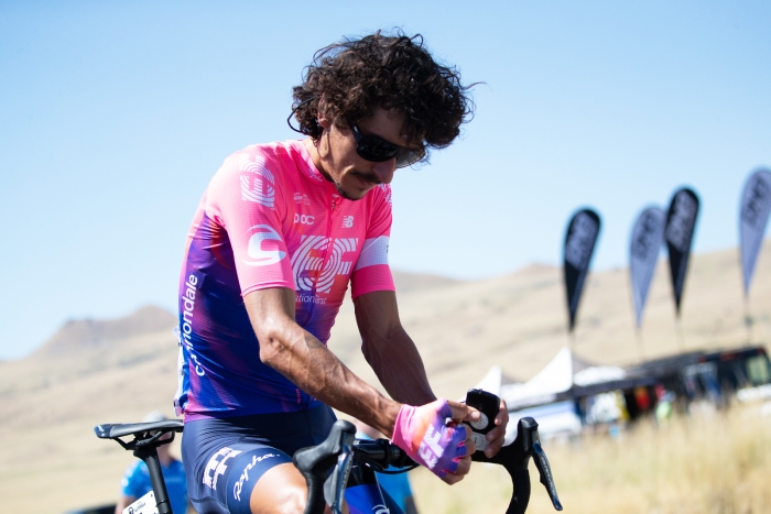 EF Education First's Lachlan Morton tightens his Garmin holder. Stage 3 of the 2019 Tour of Utah. Photo by Cathy Fegan-Kim