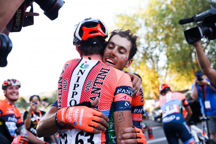 Canola celebrates his win with his teammate. Stage 4, 2019 Tour of Utah. Photo by Cathy Fegan-Kim