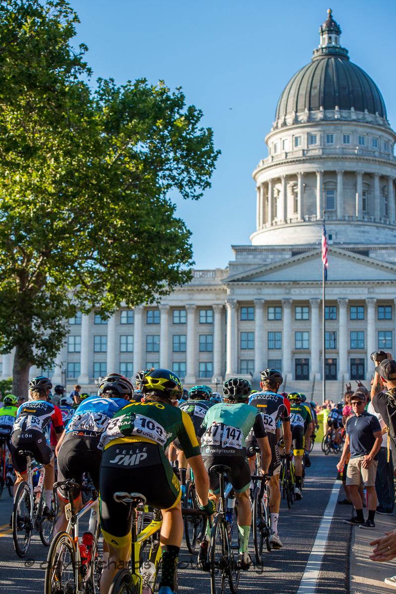 Riders top out on the State Street climb as they approach the Utah State Capitol building. Stage 4 - Salt Lake City Circuit Race, 2019 LHM Tour of Utah (Photo by Dave Richards, daverphoto.com)