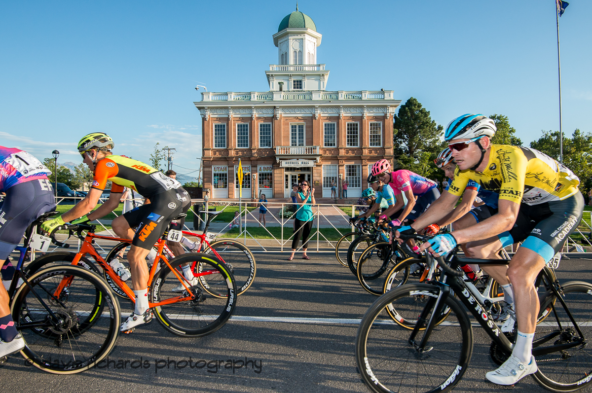 The historic Council Hall building forms the backdrop as the Yellow Jersery rider rolls by. Stage 4 - Salt Lake City Circuit Race, 2019 LHM Tour of Utah (Photo by Dave Richards, daverphoto.com)