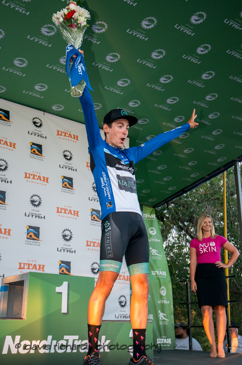 Bernat Font Mas (303 Project) is ecstatic to win the Fan Favorite Jersey on Stage 4 - Salt Lake City Circuit Race, 2019 LHM Tour of Utah (Photo by Dave Richards, daverphoto.com)