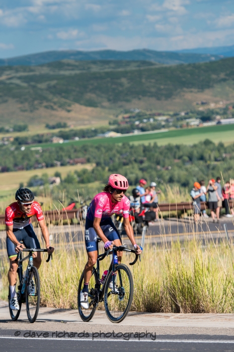 Lachlan Morton ( EF Education First) & Hayden McCormick (Team Brdigelane) lead the way on the final climb up through the Utah Olympic Park. Morton goes on to beat McCormick in a photo finish. Stage 5 - Canyons Village Park City Mountain Resort, 2019 LHM Tour of Utah (Photo by Dave Richards, daverphoto.com)