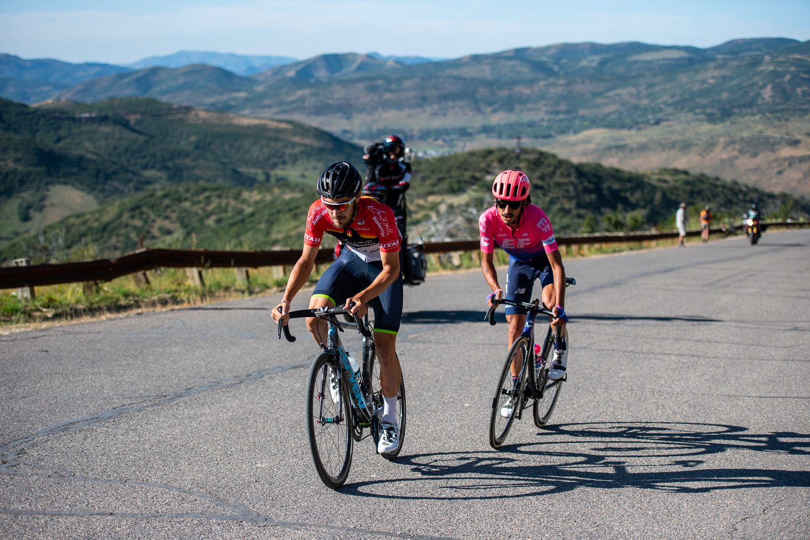 Hayden McCormick (Team BridgeLane) & Lachlan Morton (EF Education First) nearing the top of the final KOM at Olympic Park. Stage 5, 2019 Tour of Utah. Photo by Steven L. Sheffield