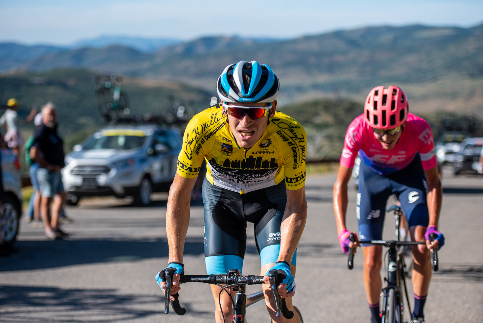Ben Hermans (Israel Cycling Academy) leads Joe Dombrowski (EF Education First) over the top. Stage 5, 2019 Tour of Utah. Photo by Steven L. Sheffield