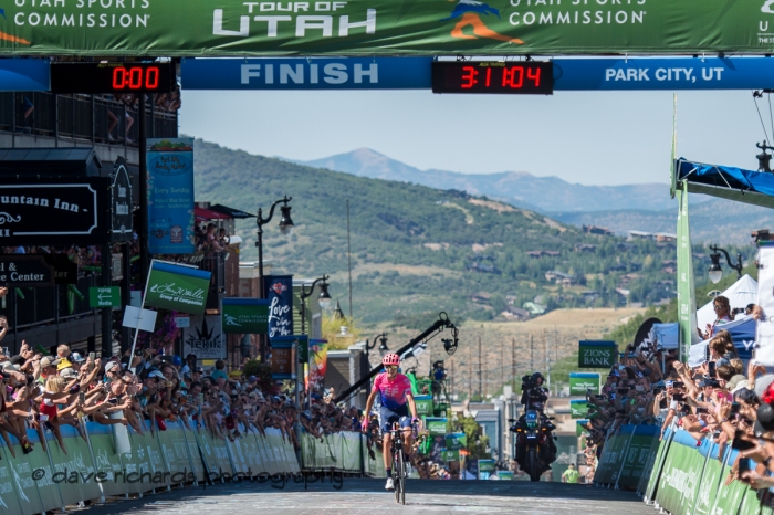 Joe Dombrowski (EF Edcuation First) takes the win on Stage 6 after putting in a tough attack on the final climb up Empire Pass before the finish on Main Street Park City.  Stage 6, 2019 LHM Tour of Utah (Photo by Dave Richards, daverphoto.com)