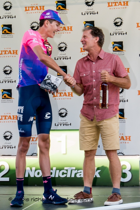 Jeff Robins, DEO Utah Sports Commission congratulates Joe Dombrowski (EF Education First) on his Stage 6 win. 2019 LHM Tour of Utah (Photo by Dave Richards, daverphoto.com)