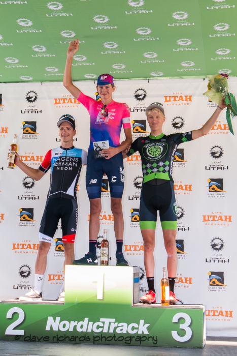 Stage 6 podium L-R:  João  Almeida (Hagens Berman Axeon), Joe Dombrowski (EF Education First),  Keegan Swirbul (Worthy Pro cycling). 2019 LHM Tour of Utah (Photo by Dave Richards, daverphoto.com)