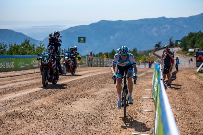 Ben Hermans (Israel Cycling Academy) attacked on the climb to Powder Mountain to solo to the summit for the stage win, and taking the leader's jersey in the process. Stage 2, 2019 Tour of Utah. Photo by Steven L. Sheffield