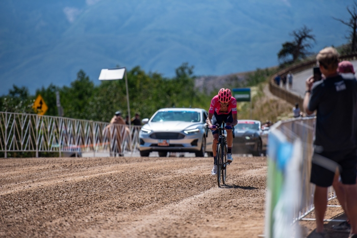 Joe Dombrowksi (EF Education First) shows that he can climb with the best, finishing 5th at Powder Mountain. Stage 2, 2019 Tour of Utah. Photo by Steven L. Sheffield