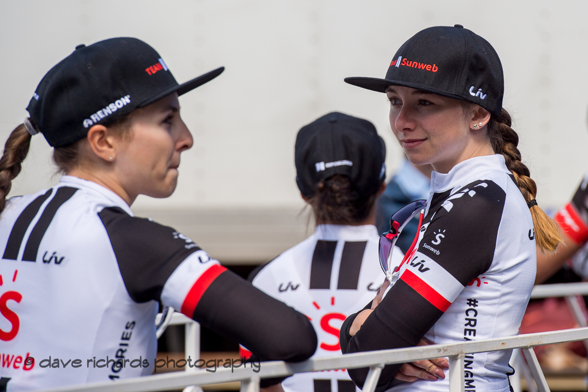 Team Sunweb riders await the start of Women's Stage Two, South Lake Tahoe, 2018 Amgen Tour of California cycling race (Photo by Dave Richards, daverphoto.com)