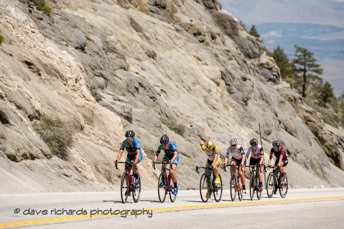 A small group of riders from the shattered peloton on the slopes of the Daggett Summit climb. Women's Stage Two, South Lake Tahoe, 2018 Amgen Tour of California cycling race (Photo by Dave Richards, daverphoto.com)