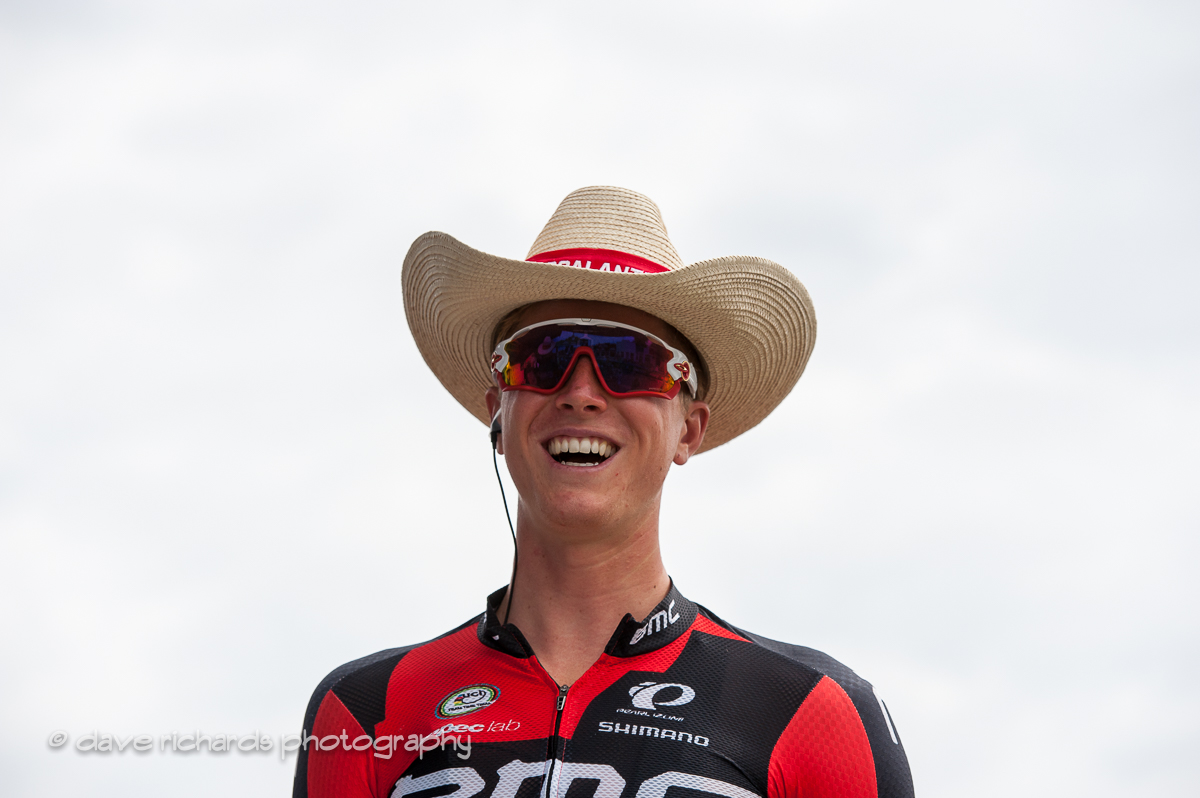 TJ Eisenhart (BMC Racing Team) loves his new cowboy hat handed out by the people of Escalante, Utah at the start of Stage 2 2016 Tour of Utah. Photo by Dave Richards, daverphoto.com