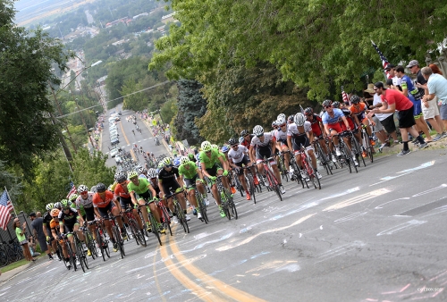 The peloton spread out across the road. Stage 5 of the 2016 Tour of Utah. Photo by Cathy Fegan-Kim, cottonsoxphotography.com
