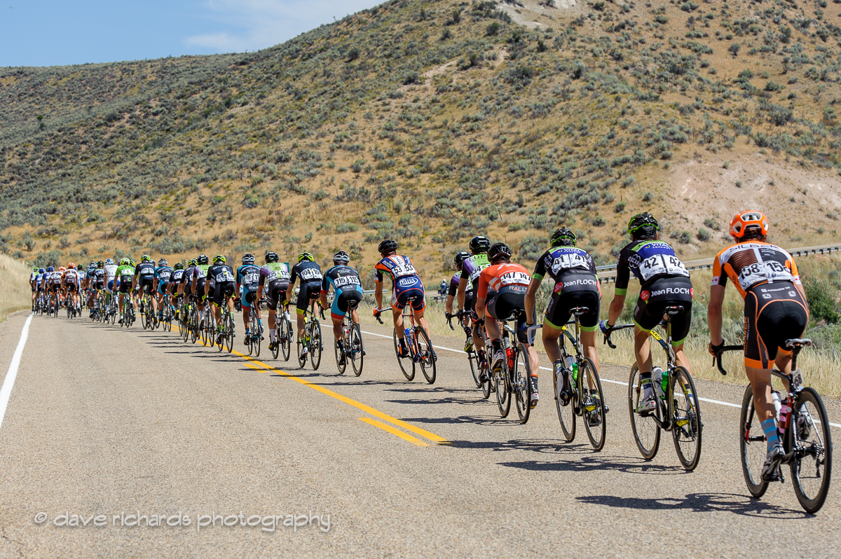 The peloton stretches out as they approach the climb up to Henefer, Utah. Stage 6, 2016 Tour of Utah. Photo by Dave Richards, daverphoto.com