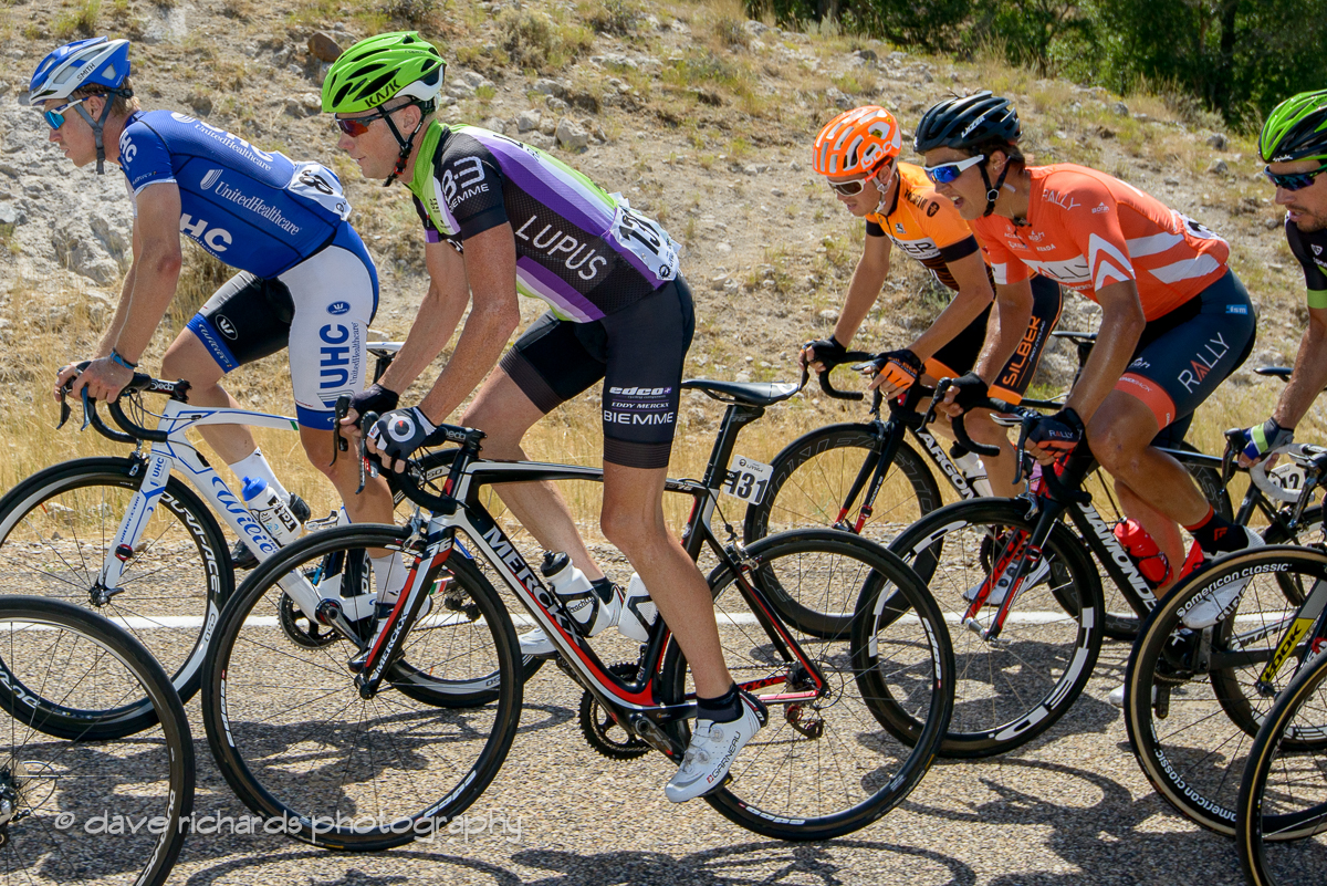 Tanner Putt (UHC) and Chris Horner (Lupus) lead a group on the climb to Henerfer, Utah. Stage 6, 2016 Tour of Utah. Photo by Dave Richards, daverphoto.com