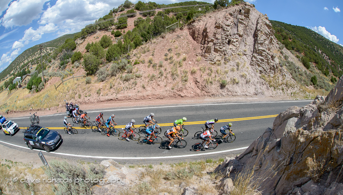 The breakaway slips through the rocks near the town of Echo, Utah. Stage 6, 2016 Tour of Utah. Photo by Dave Richards, daverphoto.com