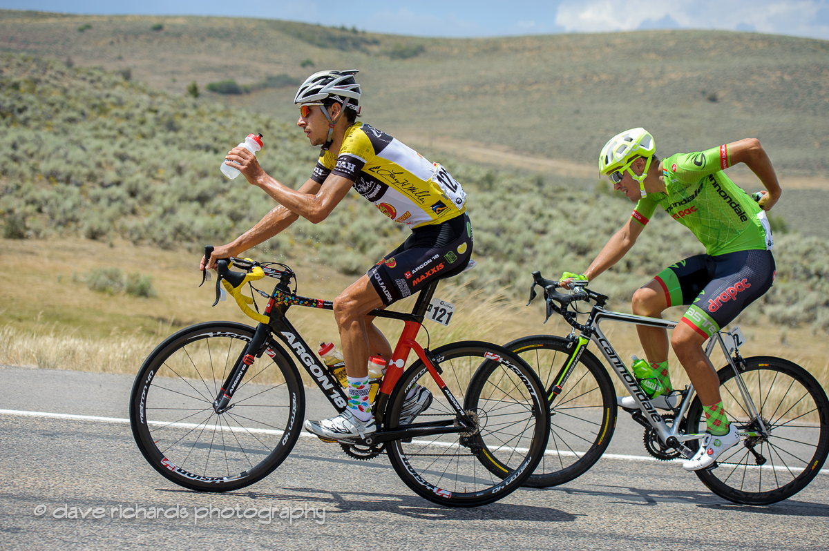 Morton (Jelly Belly) adn Talansky (Cannondale Drapac) leave the climb past Brown's Canyon on the approach to Park City, Utah. Stage 6, 2016 Tour of Utah. Photo by Dave Richards, daverphoto.com