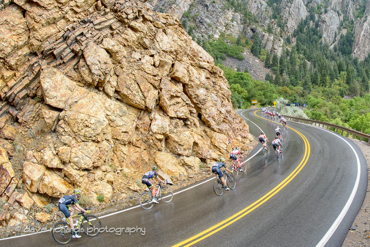Riders face very slick tarmac while descending Big Cottonwood Canyon in the rain. Stage 6, 2016 Tour of Utah. Photo by Dave Richards, daverphoto.com