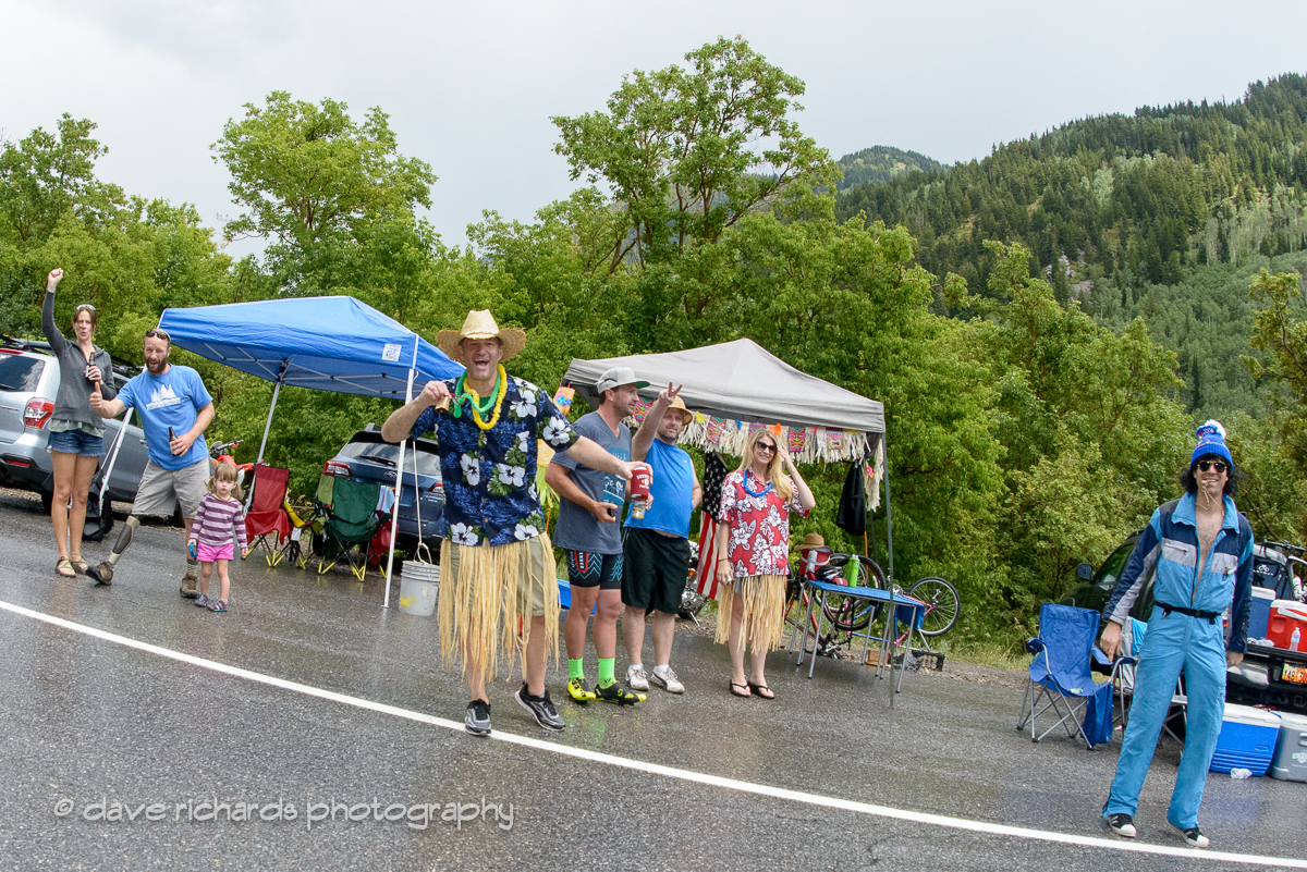 Crazy fans line the section known as Tanner's Flat on the steep climb up Little Cottonwood Canyon to the finish line at Snowbird Ski Resort. Stage 6, 2016 Tour of Utah. Photo by Dave Richards, daverphoto.com