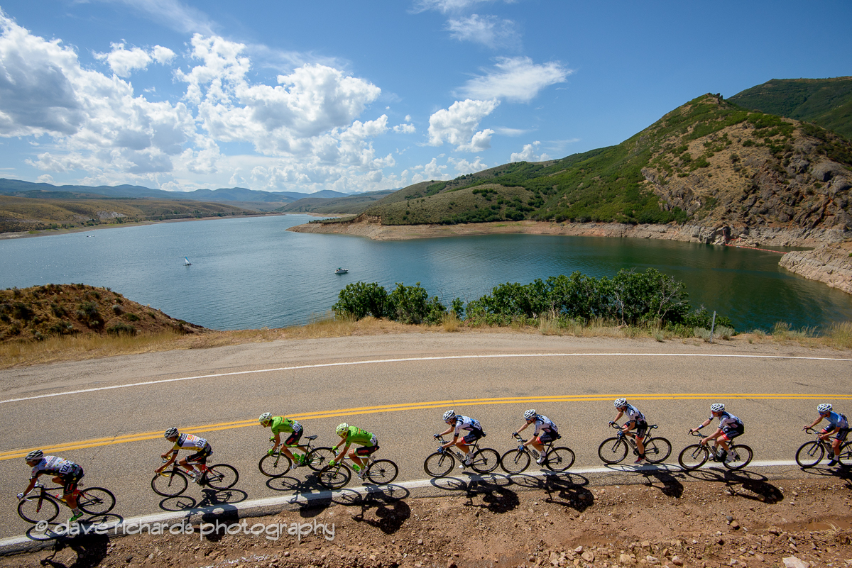 Riders & shadows along the shores of East Canyon Reservoir. Stage 6, 2016 Tour of Utah. Photo by Dave Richards, daverphoto.com