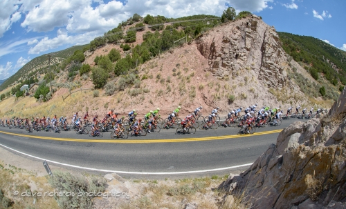 The peloton is chasing hard past rock formations near Echo, Utah. Stage 6, 2016 Tour of Utah. Photo by Dave Richards, daverphoto.com