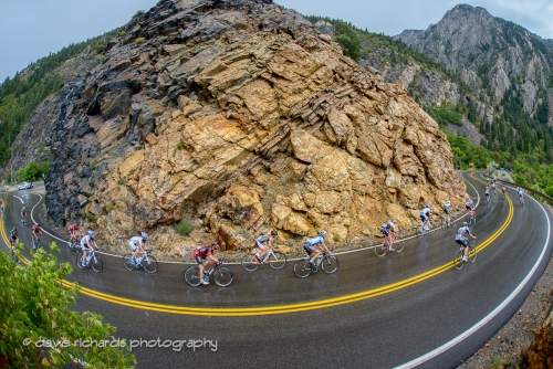 Superb bike handling skills on display as the riders negotiate a very tight turn in the rain near Storm Mountain while descending Big Cottonwood Canyon. Stage 6, 2016 Tour of Utah. Photo by Dave Richards, daverphoto.com