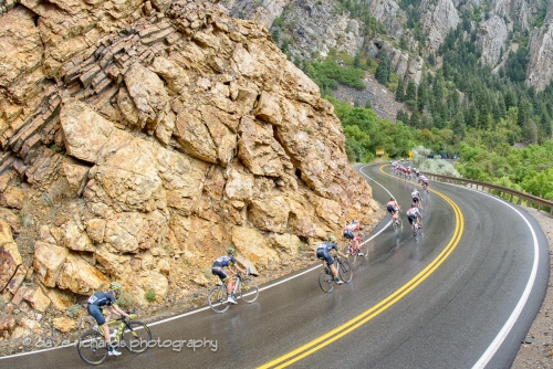 Riders face very slick tarmac while descending Big Cottonwood Canyon in the rain. Stage 6, 2016 Tour of Utah. Photo by Dave Richards, daverphoto.com