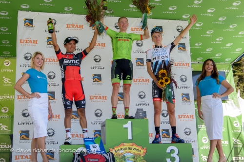 Stage 6 winners L-R:  2nd place Atapuma (BMC Racing) 1st place Talansky (Cannondale Drapac) 3rd place  Costa (Axeon Hagens Berman), 2016 Tour of Utah. Photo by Dave Richards, daverphoto.com