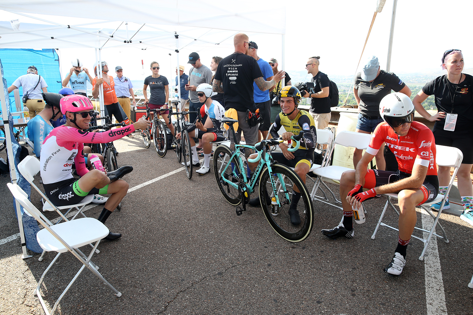 Start house banter. 2018 Tour of Utah Team Prologue, August 6, 2018, St. George, Utah. Photo by Cathy Fegan-Kim, cottonsoxphotography.net