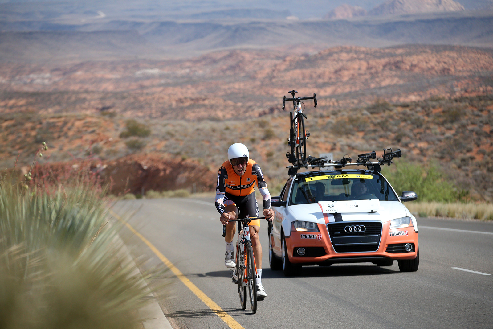 Silber Pro Cycling races the Prologue set in the redrocks of St. George. 2018 Tour of Utah Team Prologue, August 6, 2018, St. George, Utah. Photo by Cathy Fegan-Kim, cottonsoxphotography.net