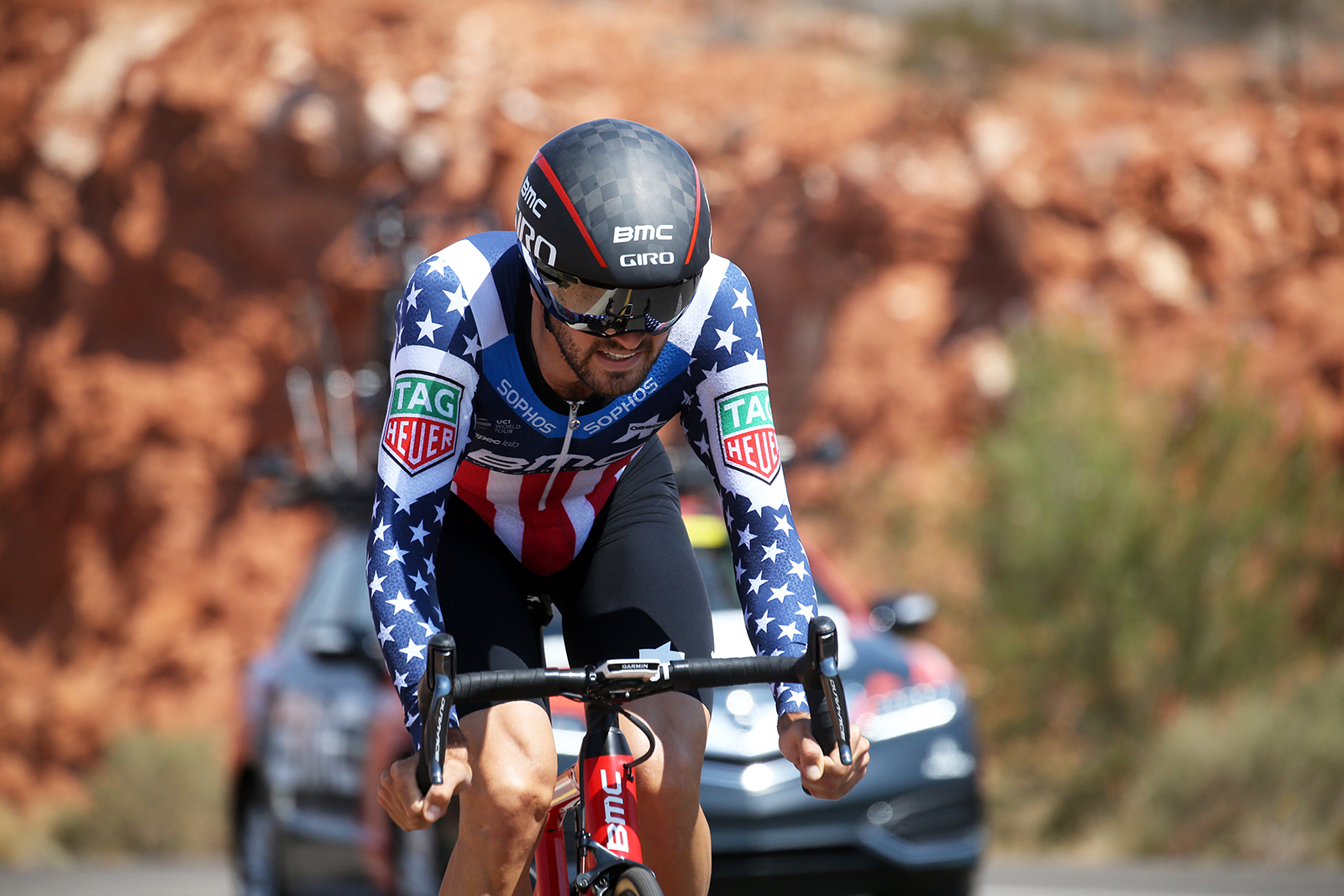 2017 and 2018 Pro ITT National Champion, Joey Rosskopf of BMC charges into 2nd place. 2018 Tour of Utah Team Prologue, August 6, 2018, St. George, Utah. Photo by Cathy Fegan-Kim, cottonsoxphotography.net