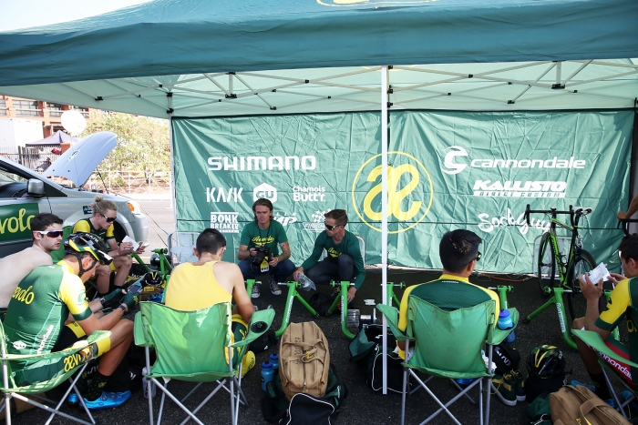 Aevolo team meeting. 2018 Tour of Utah Team Prologue, August 6, 2018, St. George, Utah. Photo by Cathy Fegan-Kim, cottonsoxphotography.net