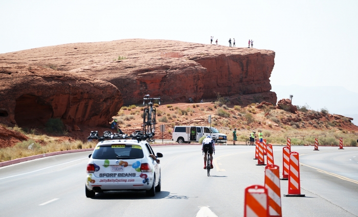 Some fans climbed up to higher grounds to spectate the Prologue. 2018 Tour of Utah Team Prologue, August 6, 2018, St. George, Utah. Photo by Cathy Fegan-Kim, cottonsoxphotography.net