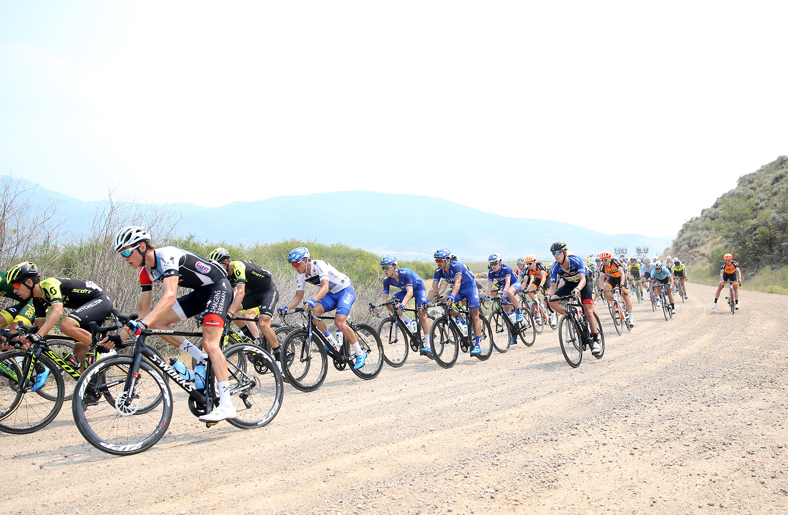 There were about 3 flats in the 2 mile gravel segment of the Queen Stage.  Stage 5 of the 2018 Tour of Utah, August 10, 2018. Photo by Cathy Fegan-Kim, www.cottonsoxphotography.net