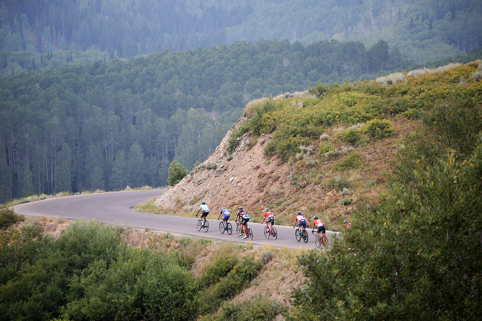 Riders head towards Guardsman Pass. Stage 5 of the 2018 Tour of Utah, August 10, 2018. Photo by Cathy Fegan-Kim, www.cottonsoxphotography.net