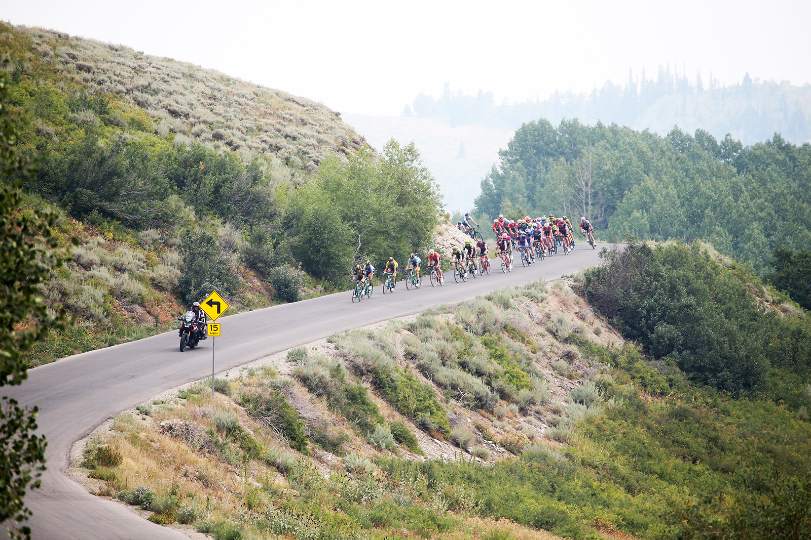 A quick descent before the climb up to the second KOM of the Queen Stage.  Stage 5 of the 2018 Tour of Utah, August 10, 2018. Photo by Cathy Fegan-Kim, www.cottonsoxphotography.net