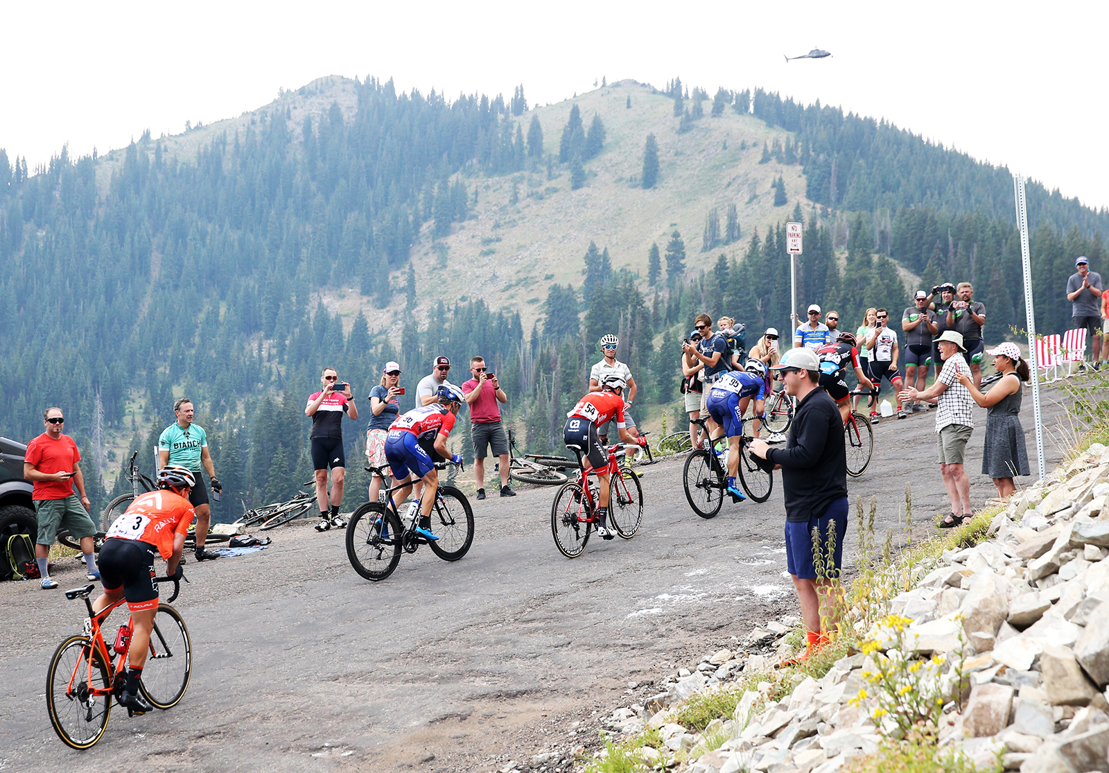 The riders navigate the poor road conditions up to the KOM.  Stage 5 of the 2018 Tour of Utah, August 10, 2018. Photo by Cathy Fegan-Kim, www.cottonsoxphotography.net